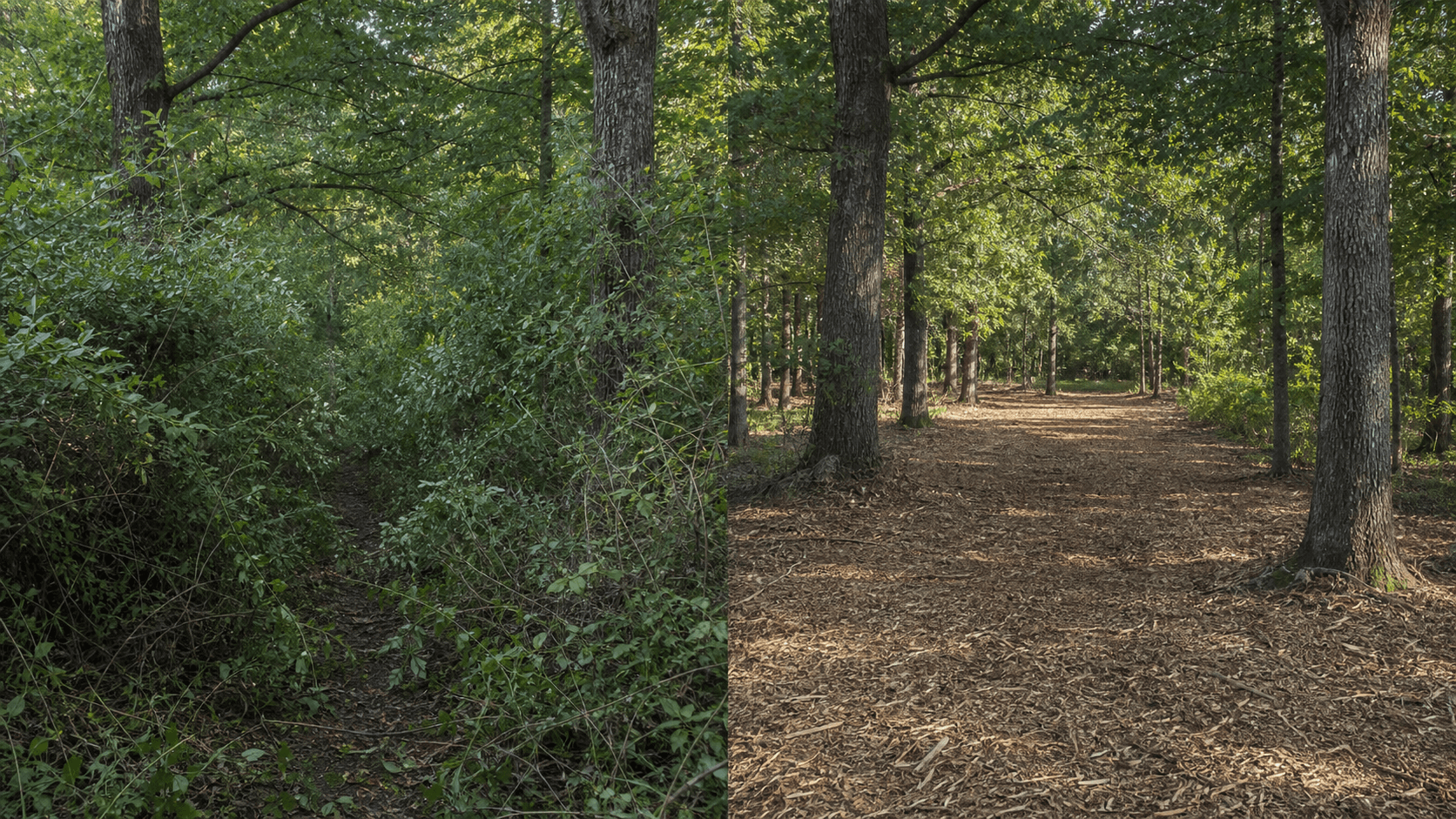 Illustrative before and after of a hunting trail opened through privet and honeysuckle