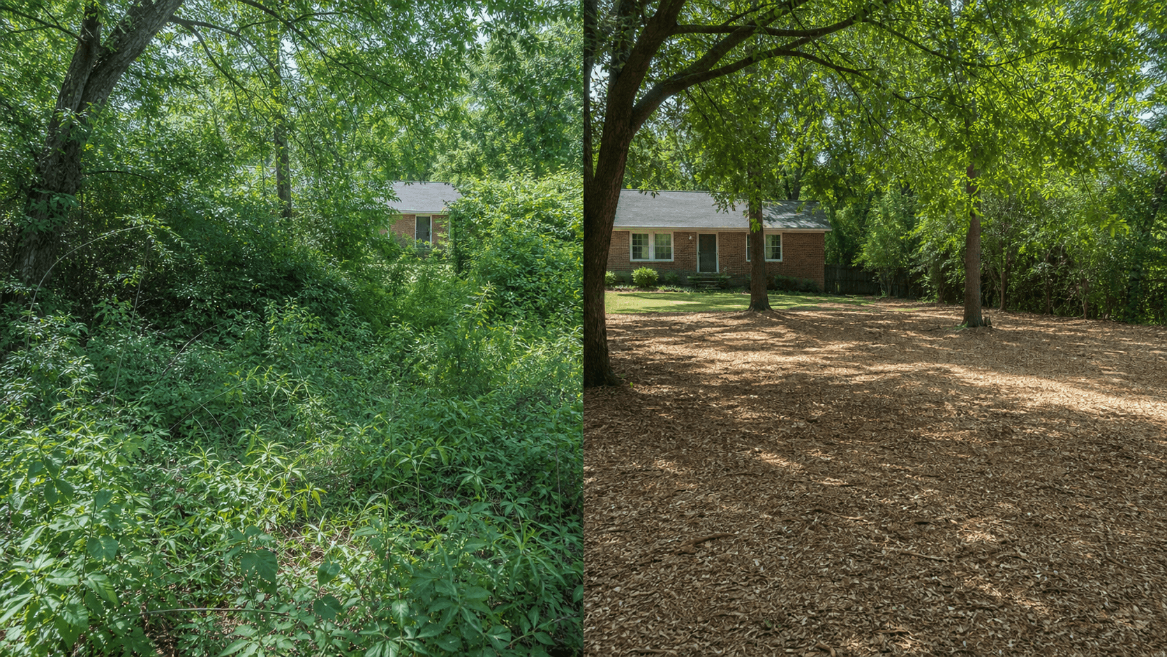 Illustrative before and after of a residential property cleared of dense backyard overgrowth